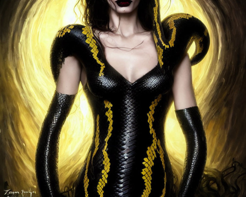 Woman in Snake-Themed Bodysuit on Golden Swirl Background