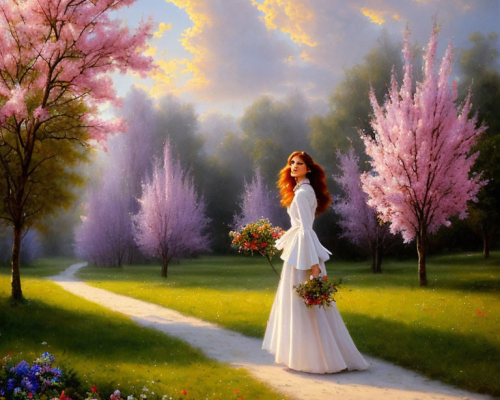 Woman in White Dress Walking Among Pink and Purple Blossoming Trees at Sunset