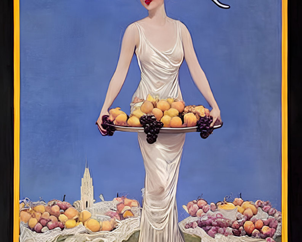 1927 Ohio State Fair Vintage Poster with Elegant Woman in White Dress Holding Fruit Tray