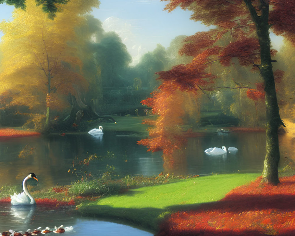 Tranquil autumn lake with swans, ducks, and colorful foliage