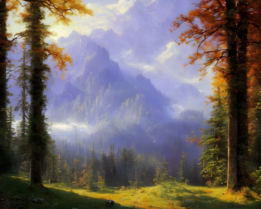 Sunlit Autumn Forest with Misty Mountain Backdrop