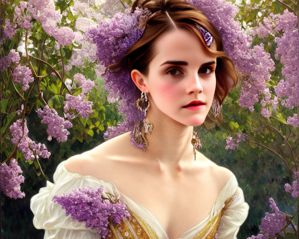 Elegant Updo Woman in Vintage Dress Among Lilac Blossoms