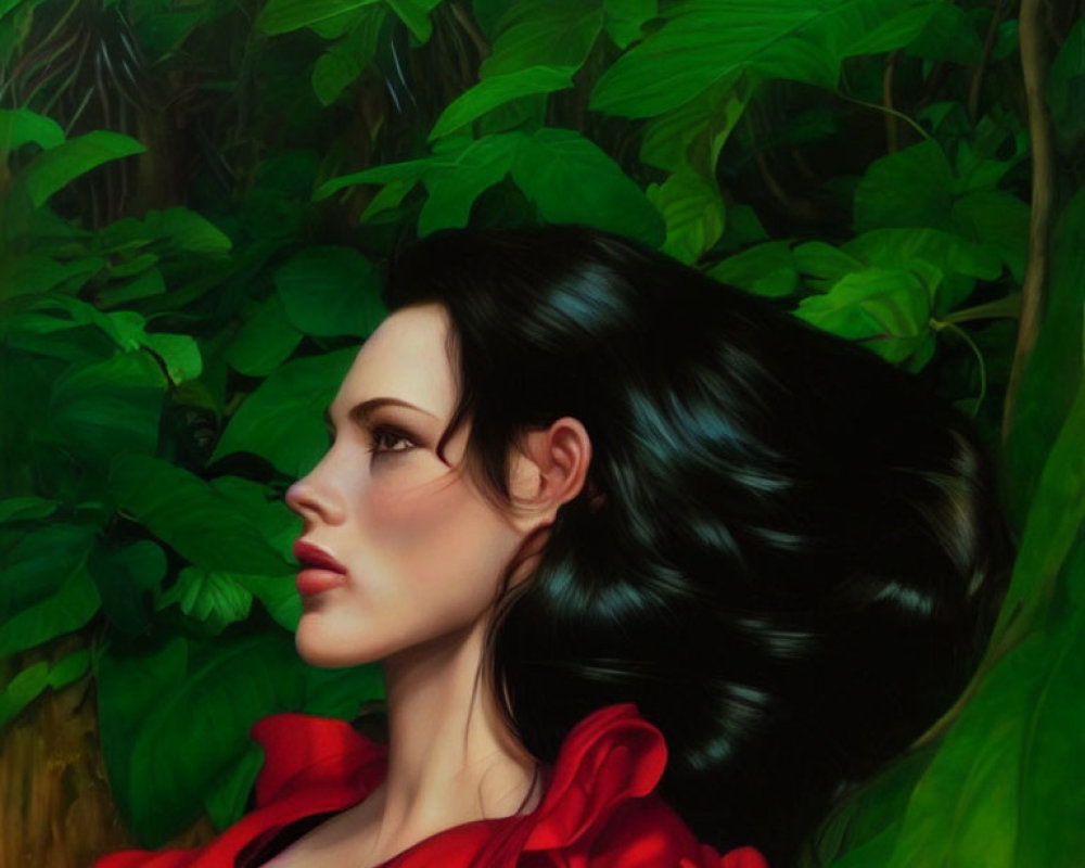 Profile of Woman with Black Hair and Red Attire Against Green Foliage