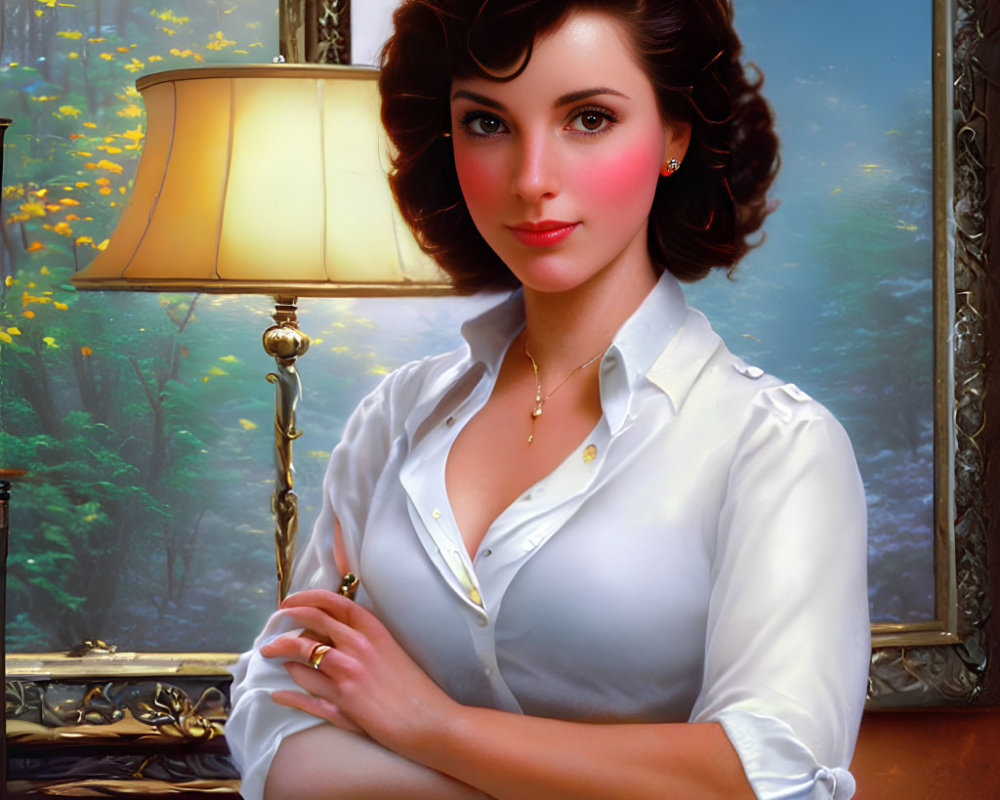 Woman with Short Curly Hair in White Shirt Next to Lamp, Nature Scene Background