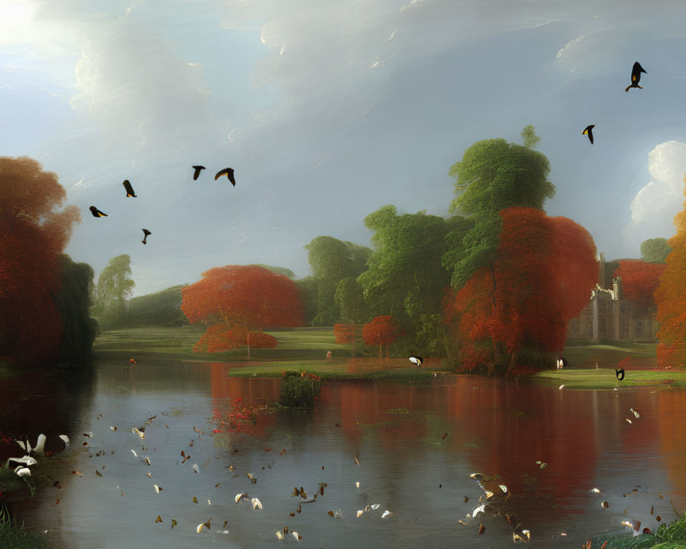 Tranquil autumn landscape with lake, birds, and colorful trees