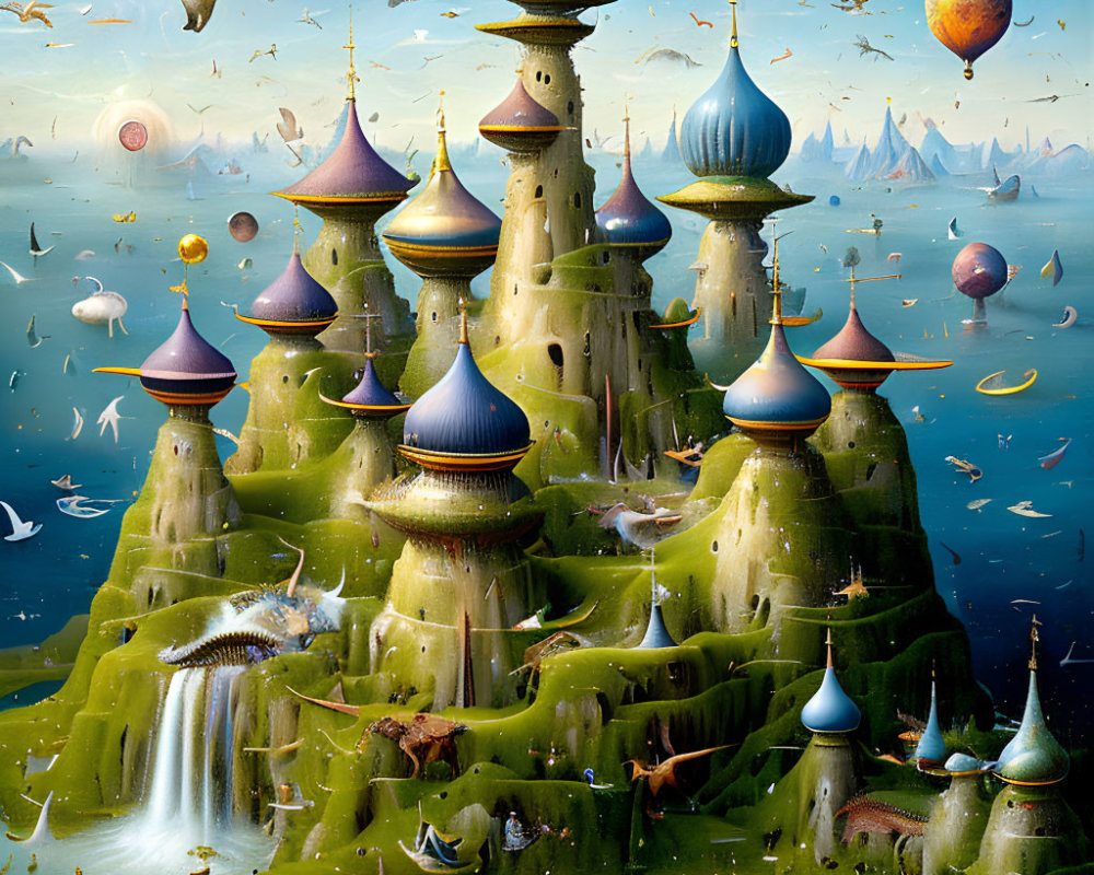 Whimsical Fantasy Landscape with Castles, Waterfalls, Birds, and Balloons