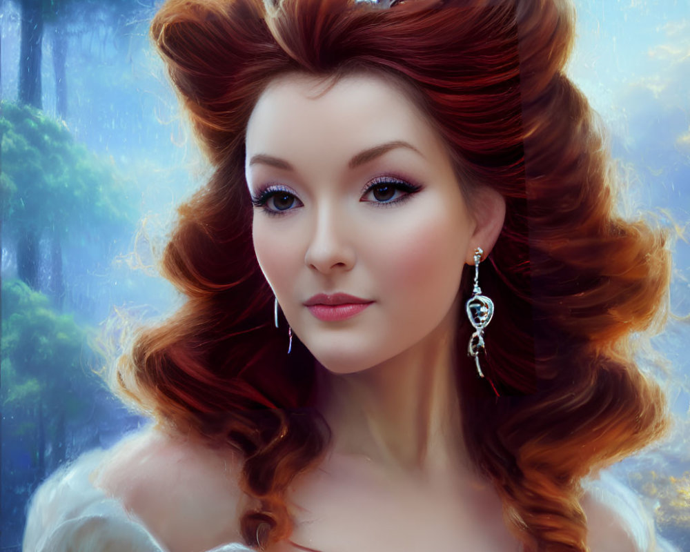 Regal woman with auburn hair and tiara in forest setting