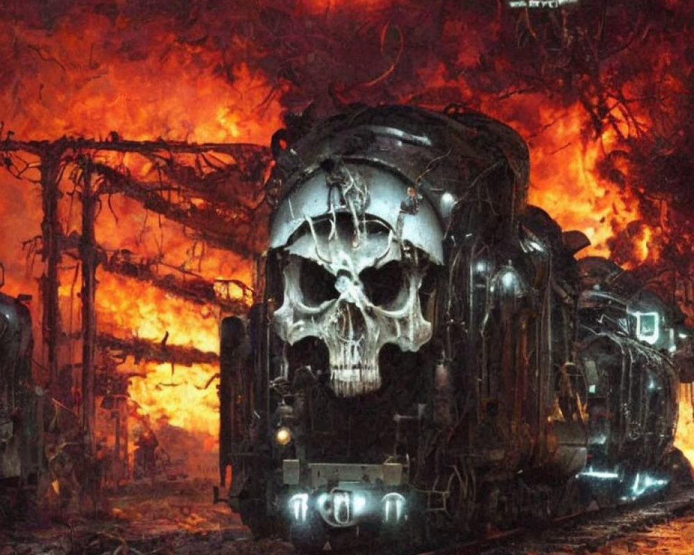 Skull-adorned locomotive emerges from blazing inferno