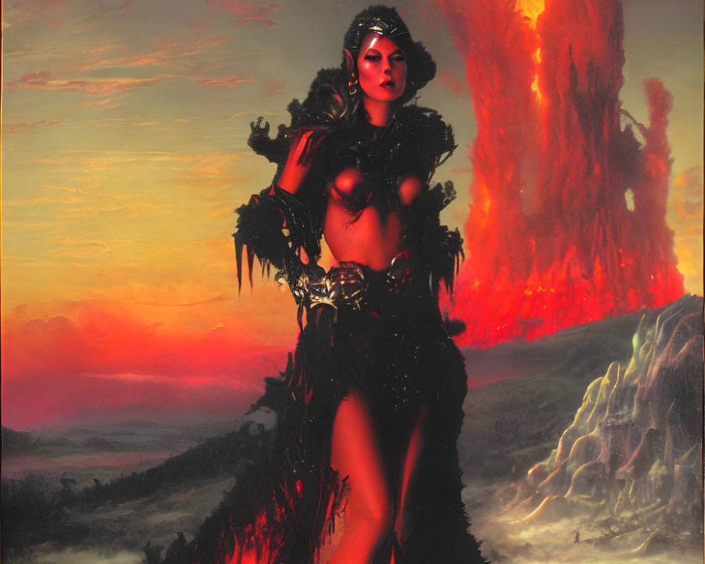 Fantasy character in mask against volcanic eruption backdrop