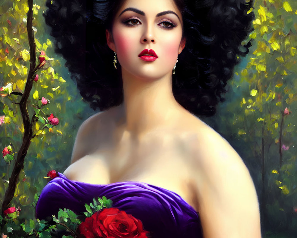 Portrait of woman with voluminous black hair in purple dress with red rose, set in lush greenery