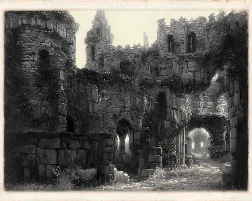 Ancient ruins with crumbling stone walls and arches in monochrome.