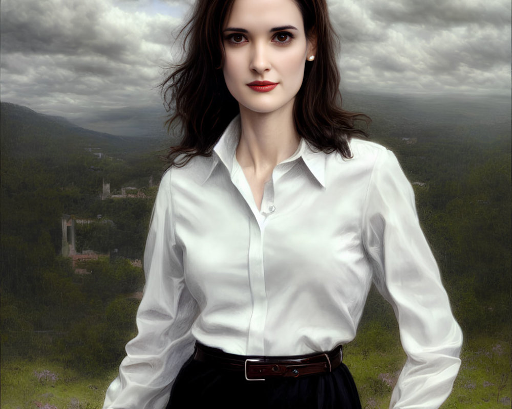 Dark-haired woman in white shirt and black skirt against cloudy landscape.