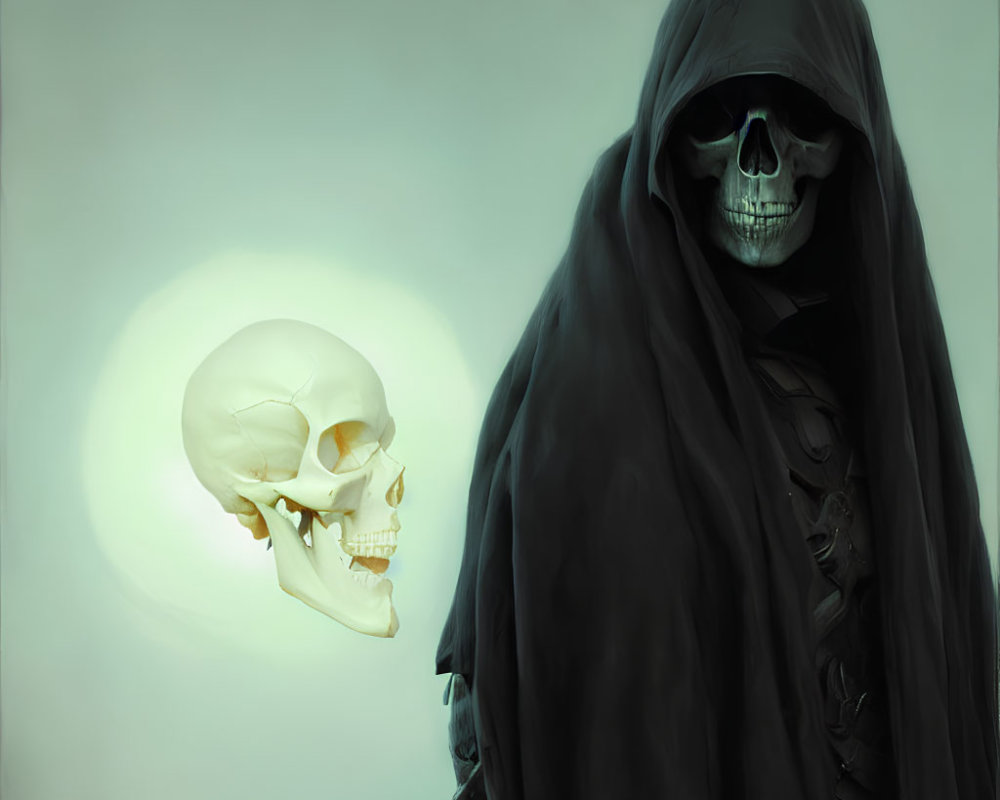 Cloaked Figure with Skull-like Face and Floating Human Skull Artwork