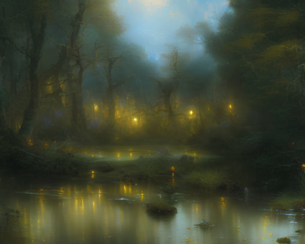 Ethereal forest scene with misty pond and glowing lights