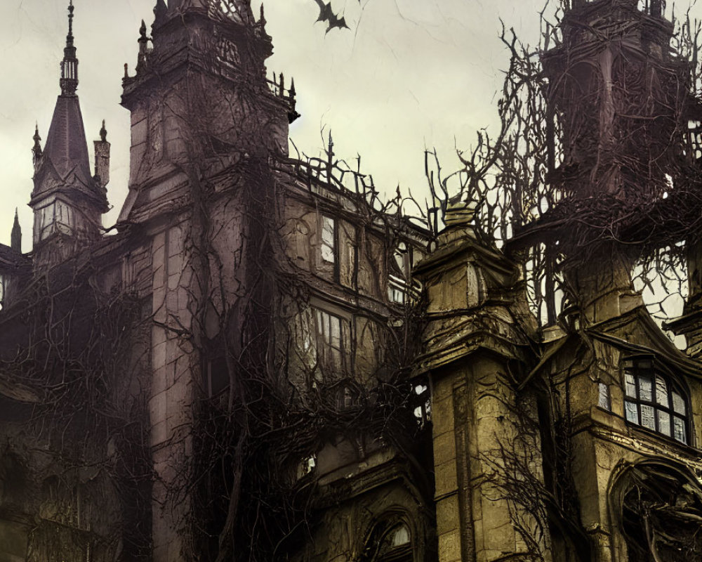 Gothic-style mansion surrounded by twisted trees and flying bats