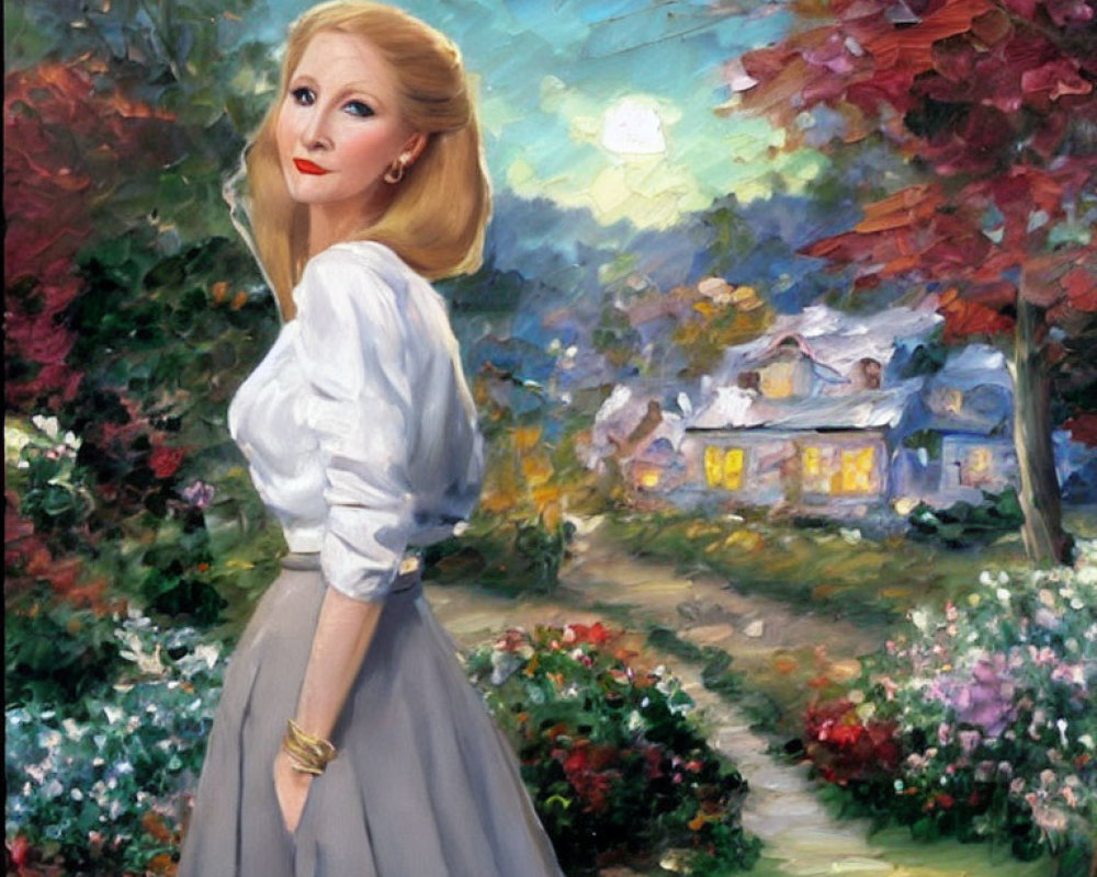 Blond Woman in White Blouse and Gray Skirt Painting with Colorful Cottage and Garden