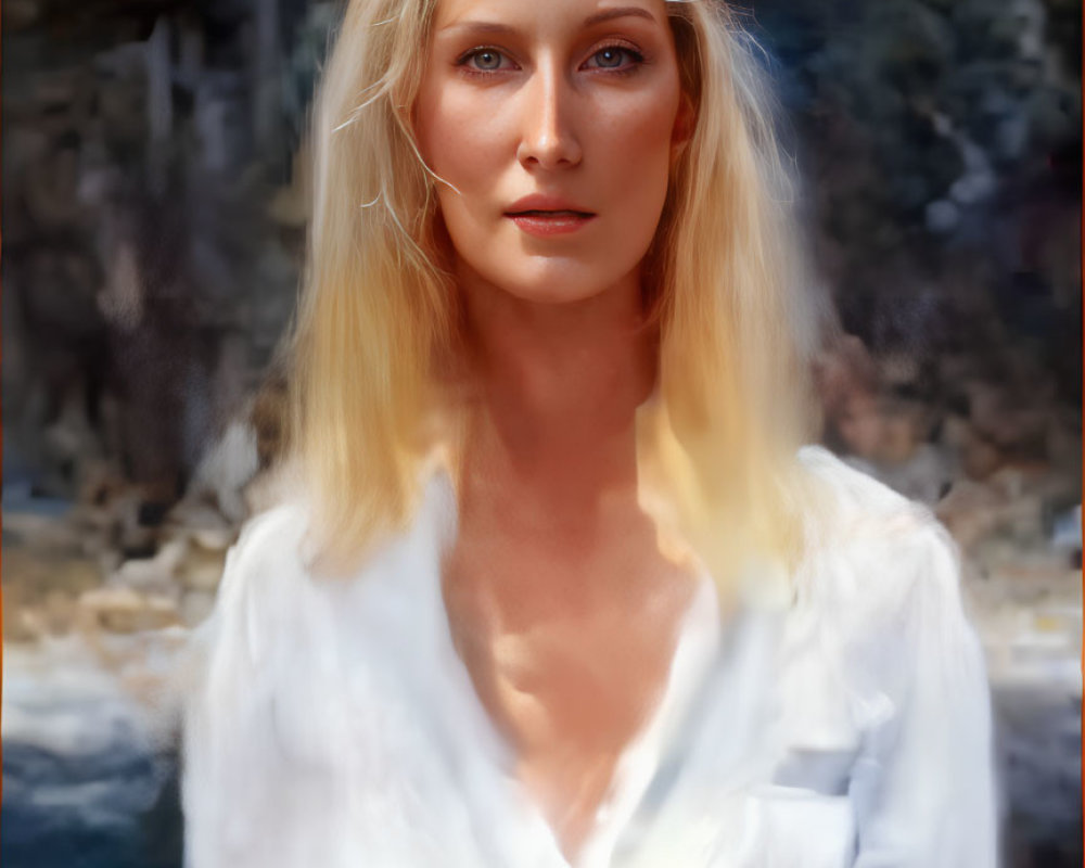 Blonde Woman in White Shirt with Blue Eyes in Nature Setting