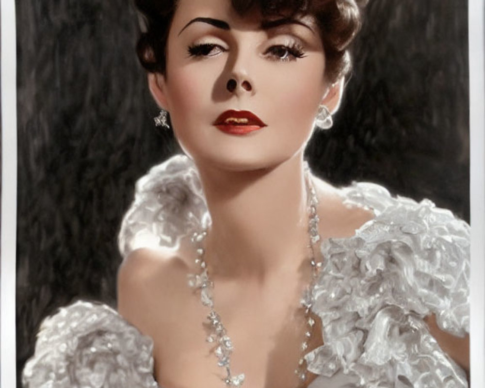 Vintage Portrait: Woman in Elegant Updo, White Frilly Dress & Pearls