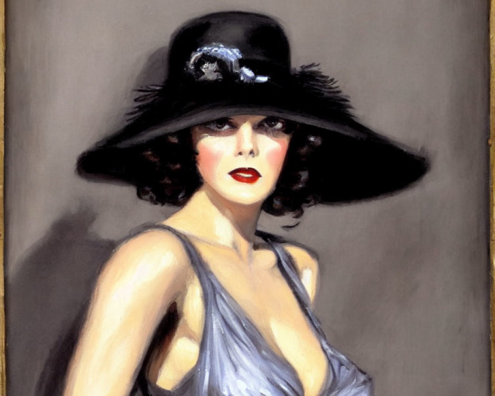 Vintage Painting: Woman with Dark Curly Hair, Wide-Brimmed Hat, Silver Dress, Red