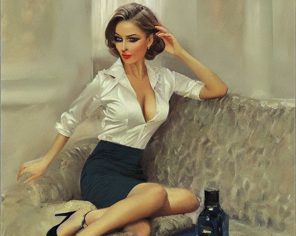 Stylized painting of a woman on a couch in white blouse and black skirt