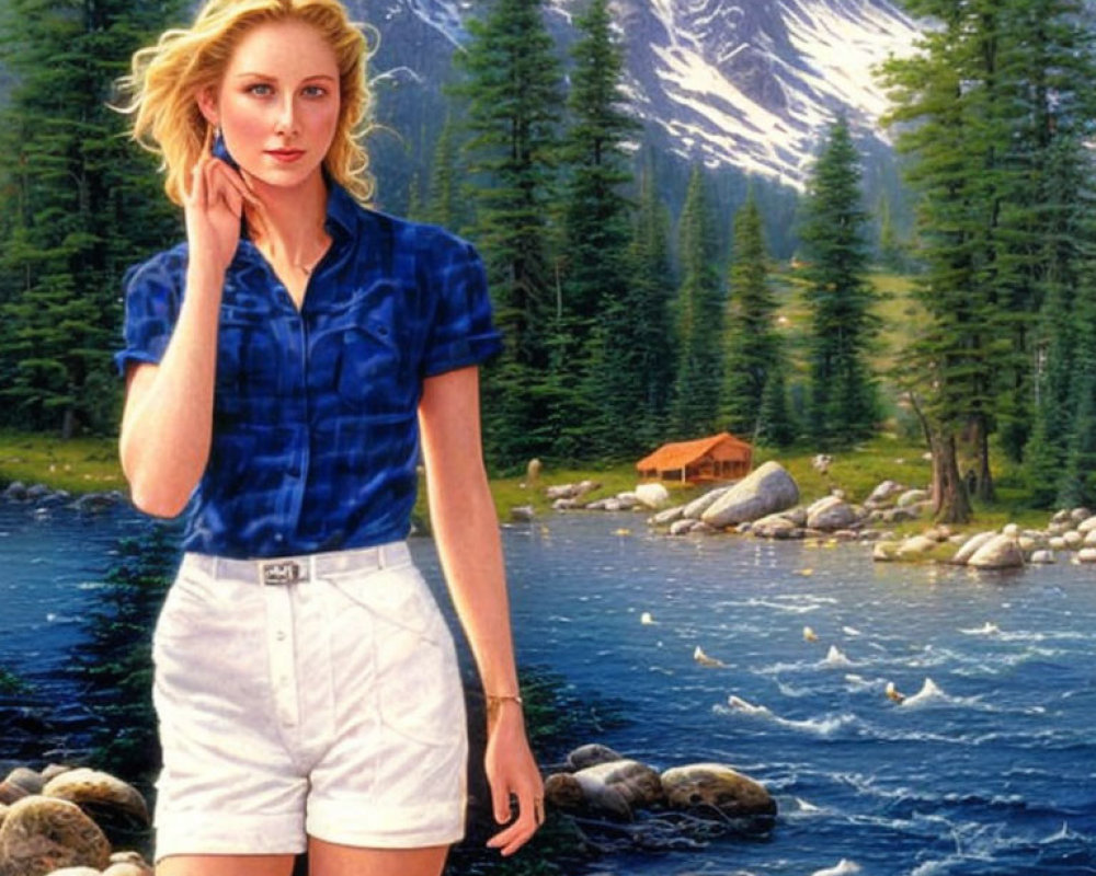 Woman in Blue Shirt and White Shorts by Mountain Lake with Cabin, Pine Trees, and Ducks