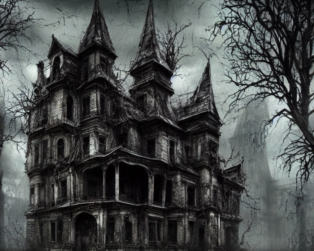 Eerie Victorian mansion in foggy, barren setting