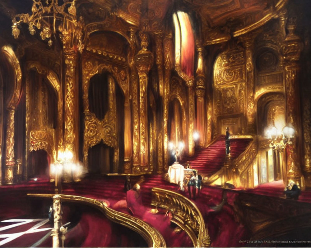 Opulent golden-lit interior with red velvet stairs and grand columns