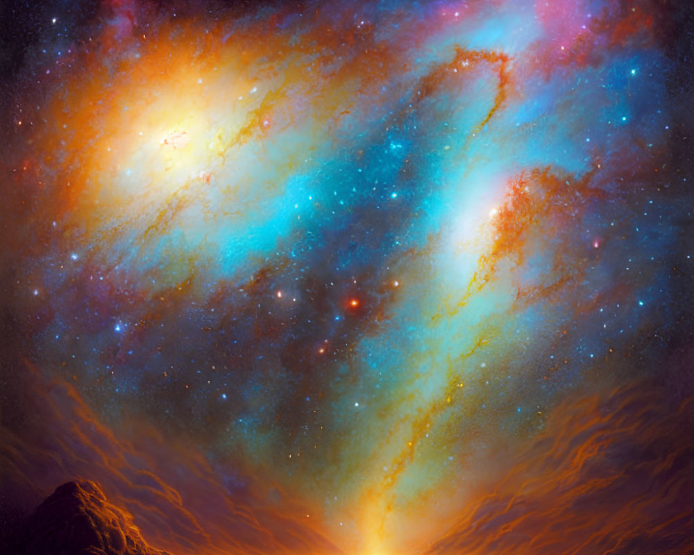 Colorful cosmic scene: radiant star, rocky terrain, vibrant nebula.