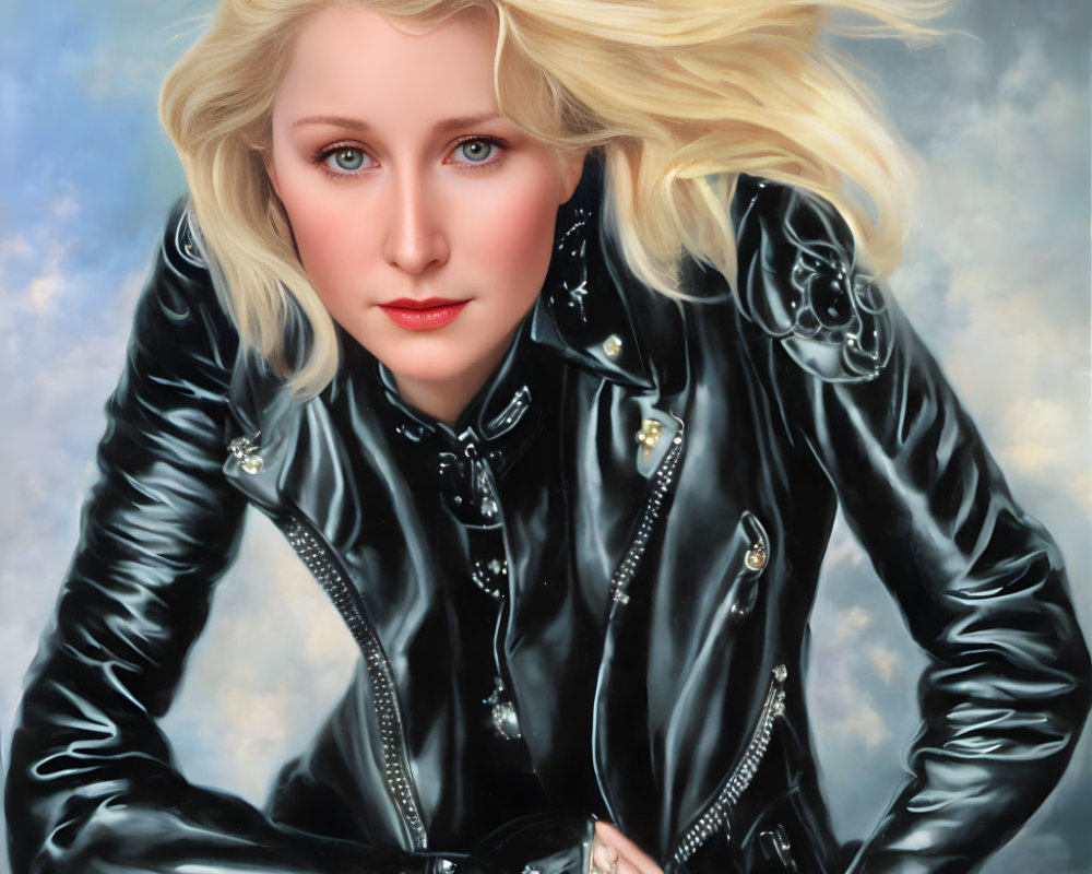 Digital portrait of woman with blonde hair and blue eyes in black leather jacket