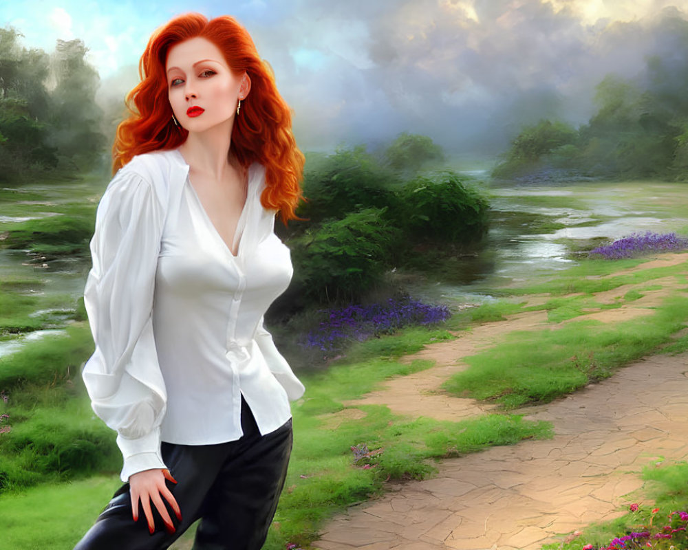 Red-haired woman in white blouse by blooming flowers and misty forest