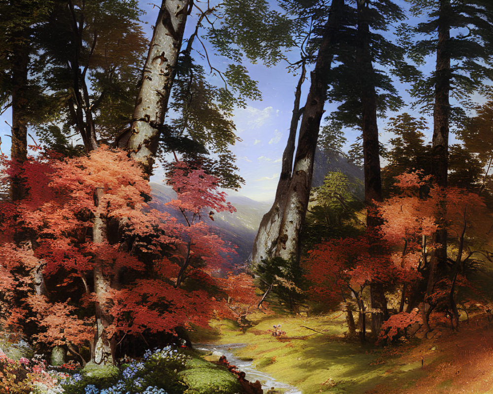 Vibrant autumn forest with sunlight, meadow, and mountains