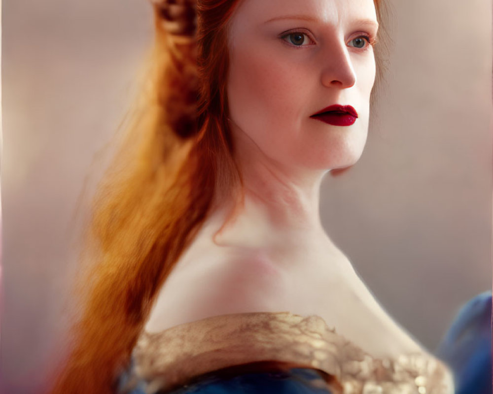 Red-haired woman in blue dress with golden embroidery and jewels, gazing sideways.