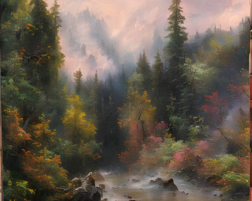 Tranquil river in forest with misty mountains