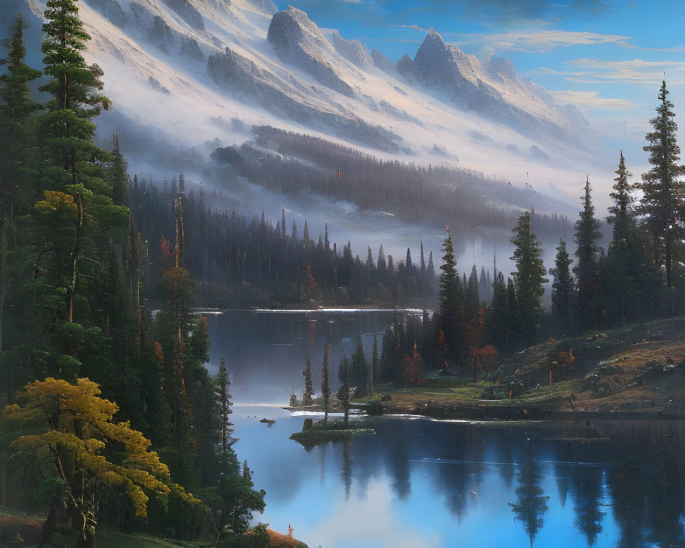 Tranquil Lake Scene with Pine Trees and Foggy Mountains