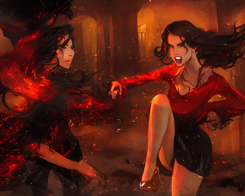 Dark-haired animated female figures in red attire against fiery backdrop.