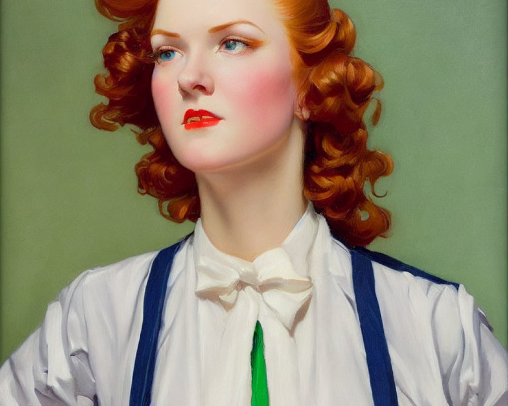 Red-haired woman in white shirt and bow tie on green background