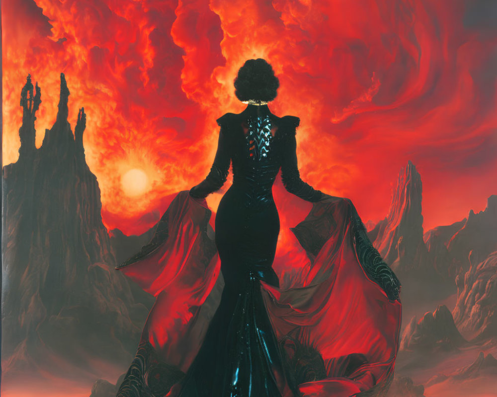 Elegant person in black dress against fiery landscape and red clouds