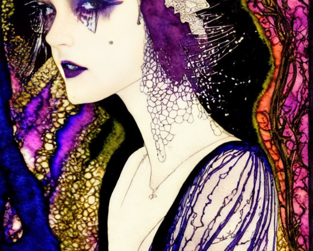 Illustrated portrait of person in purple eyeshadow and headpiece against colorful background