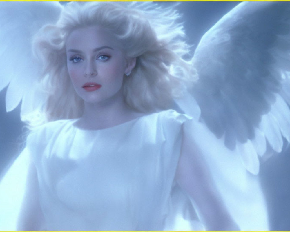 Blonde angel with white wings in soft blue glow