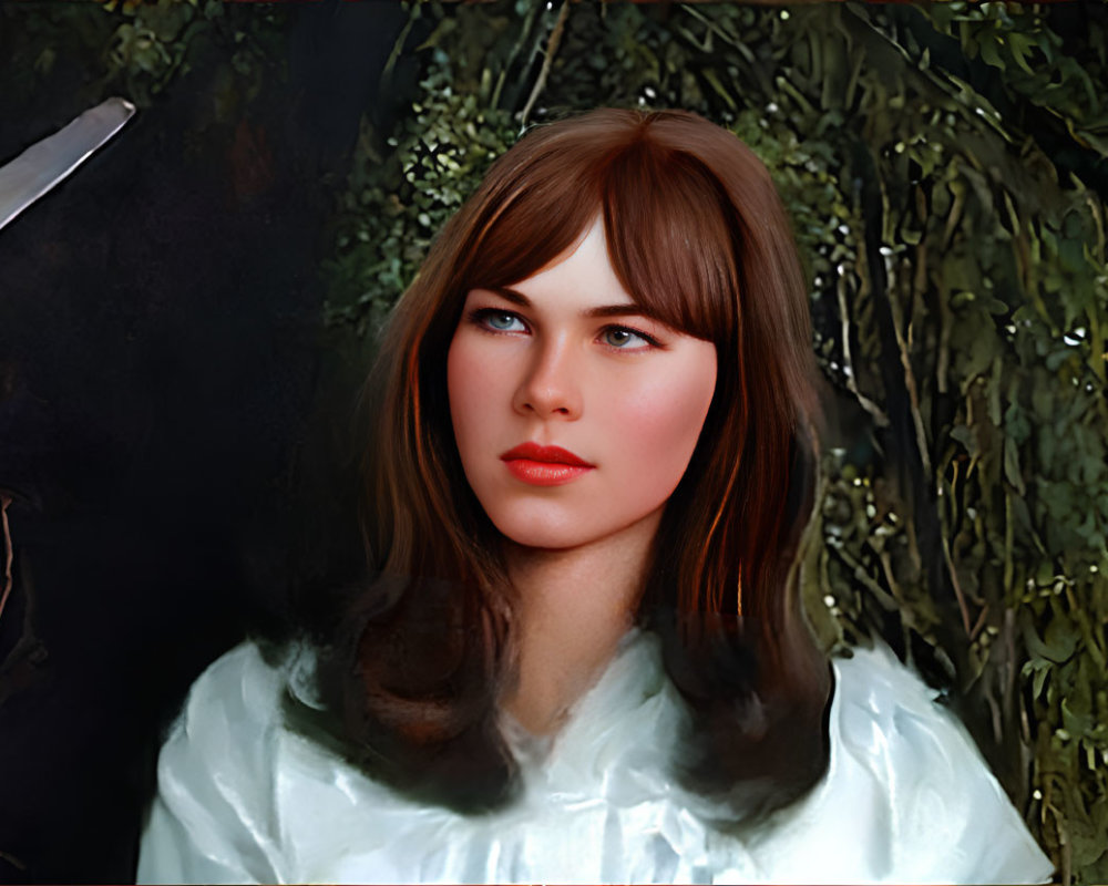 Portrait of Woman with Brown Hair and White Outfit in Dark Foliage Setting