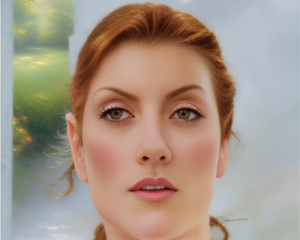 Auburn-haired woman in digital portrait with ethereal backdrop