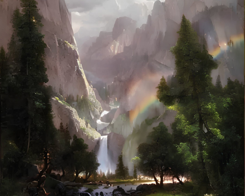 Majestic mountain landscape with waterfall, river, rainbow, and green trees