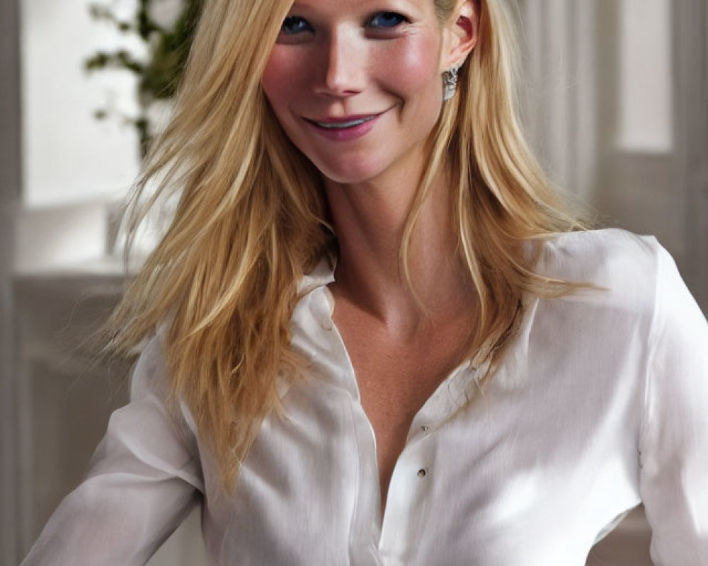 Blonde woman in white shirt sitting in sunlit room