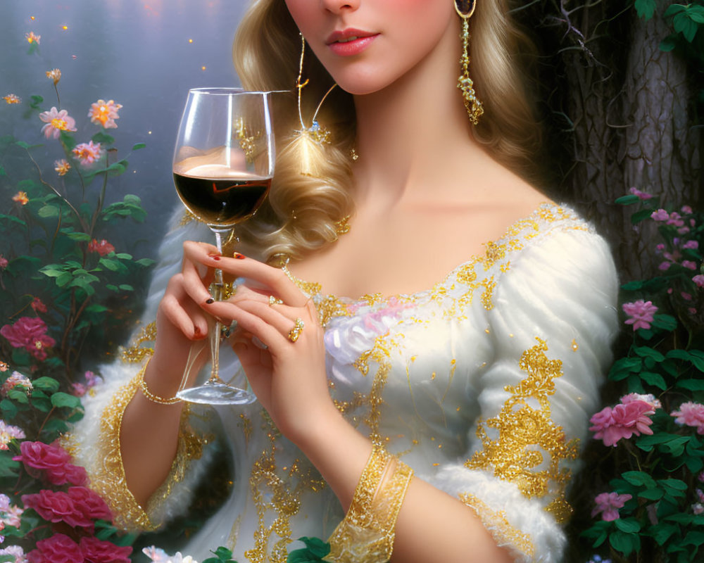 Woman in gold-embellished white dress with wine glass, roses, and twilight backdrop.