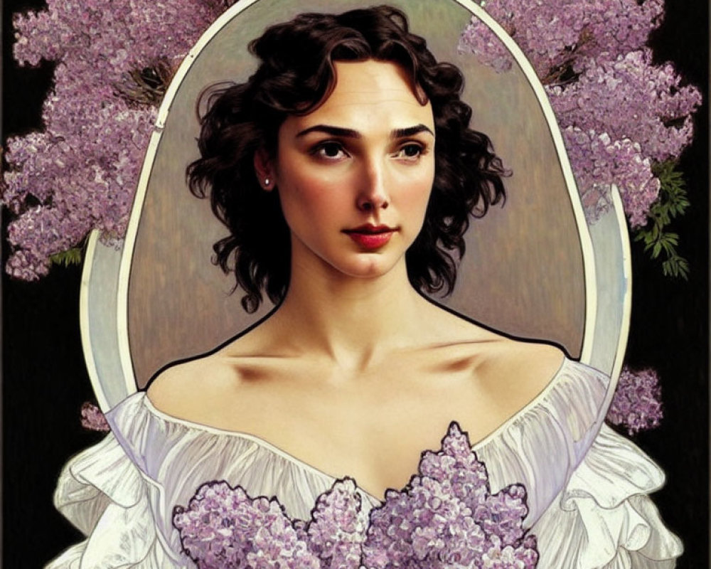 Portrait of woman with dark hair and fair skin surrounded by lilacs in white dress