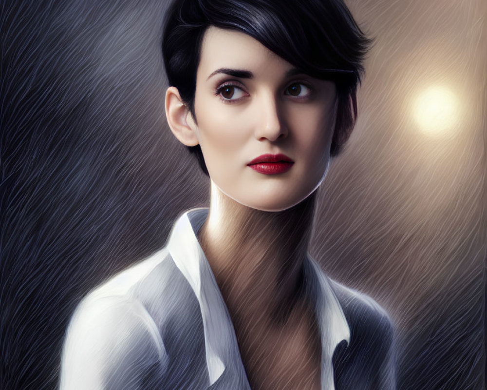 Portrait of Woman with Short Dark Hair in White Blouse on Dark Backdrop