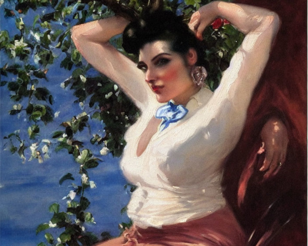 Woman reclining against tree with white flowers and red fruit, wearing white blouse and tan skirt.