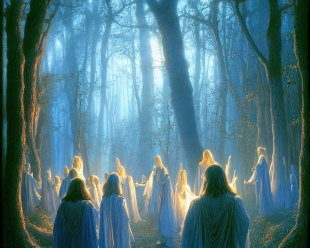 Ethereal figures in blue robes in mist-filled forest with light beams