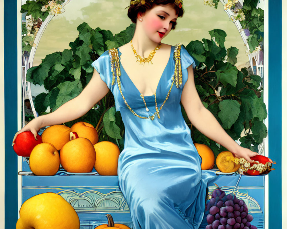 Vintage illustration of woman in blue dress with fruits, jewelry, and ornate background.