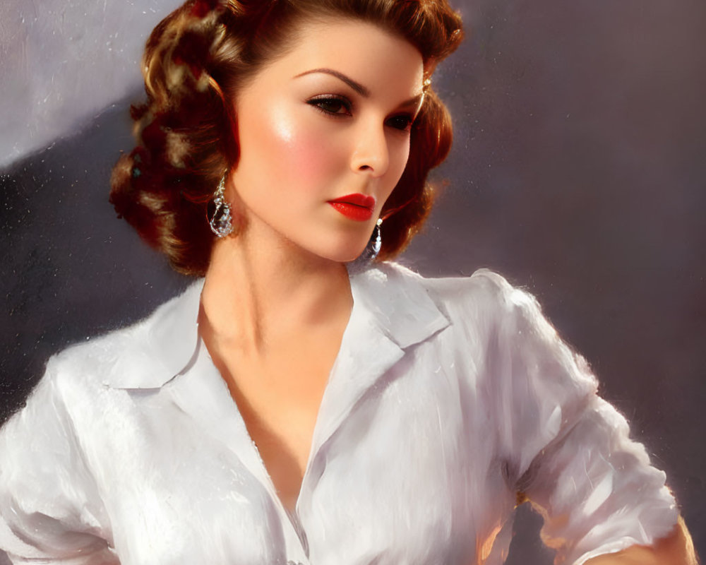 Vintage-style portrait of woman with classic waves, red lipstick, white blouse, and elegant earrings.